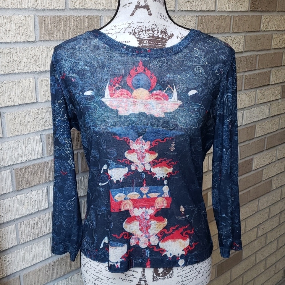 Asian Print Blue Sheer Top